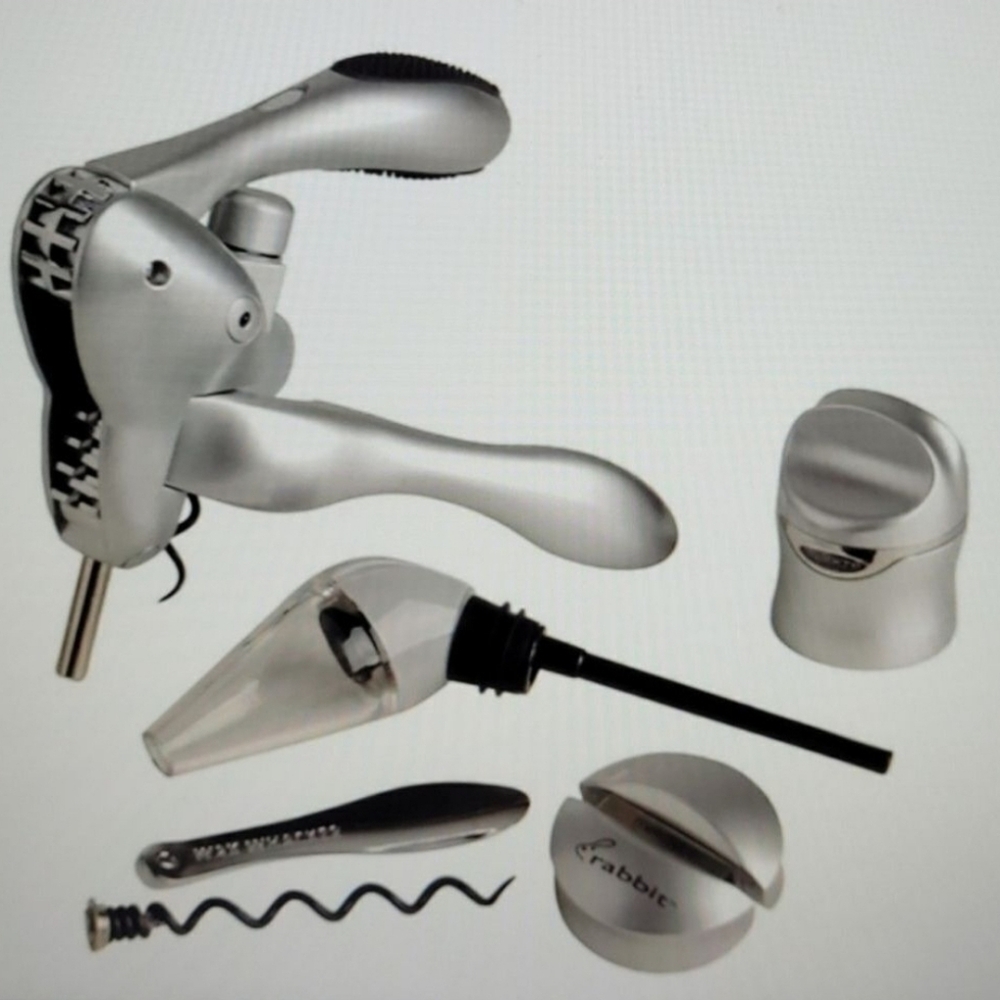 NEW 6 PIECE WINE PRESERVER + CORKSCREW silver stainless matching SET RABBIT NWT